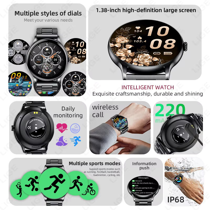 LIGE Smartwatch, Edelstahl, Schwarz, Herren - Bild 5