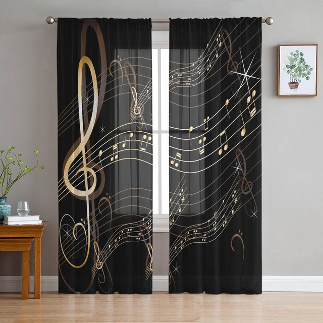 Transparente Tüll Vorhänge mit Musiknoten-Design von Household supplies MH in Grau, Organza-Fenstergardinen für Wohnzimmer und Küche, Breite: 135 cm, Höhe: 115 cm - Bild 1