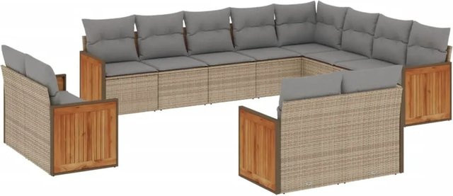 vidaXL 12-tlg. Garten-Sofagarnitur in U-Form aus Poly-Rattan und Akazienholz, Beige-Grau mit Kissen und abnehmbaren Bezügen - Bild 1
