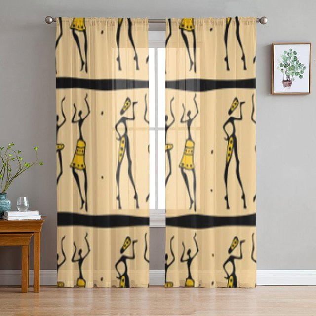 Super Six Transparente Chiffon-Fenstervorhänge mit Afrikanischem Tänzer-Motiv in Beige, B: 135 cm, H: 114 cm - Bild 1