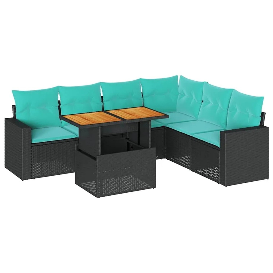 vidaXL 7-teilige Garten-Sofagarnitur in L-Form aus Poly-Rattan und pulverbeschichtetem Stahl mit blauen Kissen in Schwarz - Bild 2