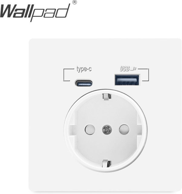 Weiße EU-Steckdose mit USB- und Typ-C-Ladeanschluss, 2,1 A, 16 A, PC-Panel, Breite: 8,6 cm - Bild 1