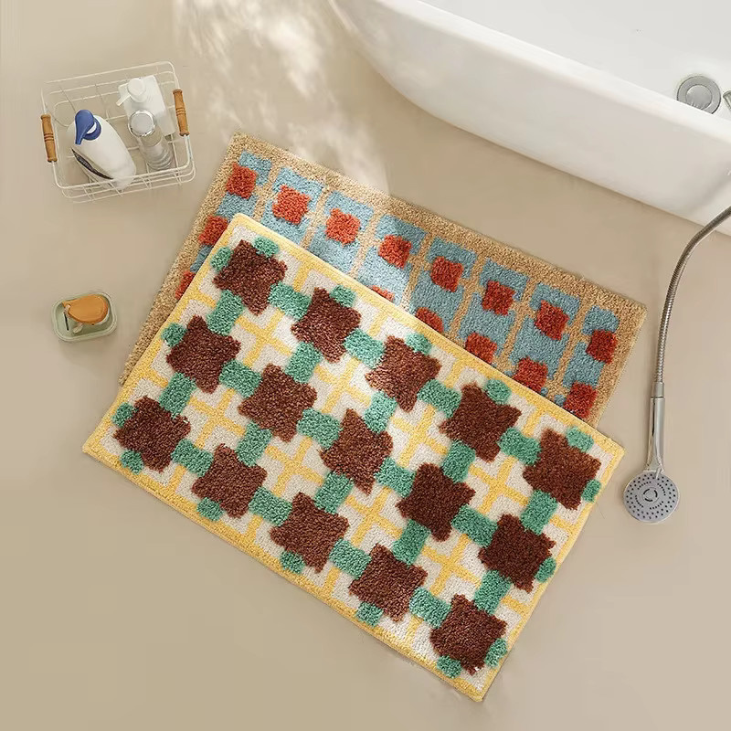 VIKAMA karierte Bodenmatte in Multicolour, rutschfester Teppich im Retro-Design für Badezimmer, Schlafzimmer oder Küche, B/T: 60 x 40 cm - Bild 1