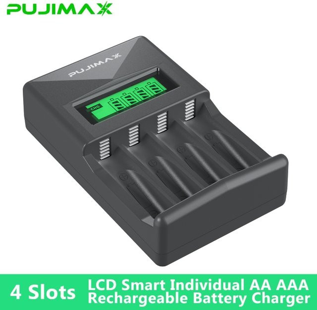 PUJIAMX AA/AAA Ladegerät mit LCD-Display und USB-C Anschluss in Schwarz - Bild 1