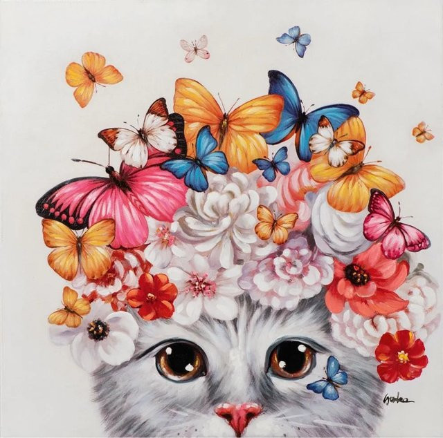 Art Universe Leinwandbild Kätzchen mit Blumen und Schmetterlingen, Mehrfarbig, B/T/H: 70 x 70 x 70 cm - Bild 1