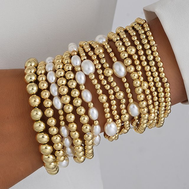 Armband-Set, 13-teilig, Vintage, Perlen, Gold, Damen - Bild 1