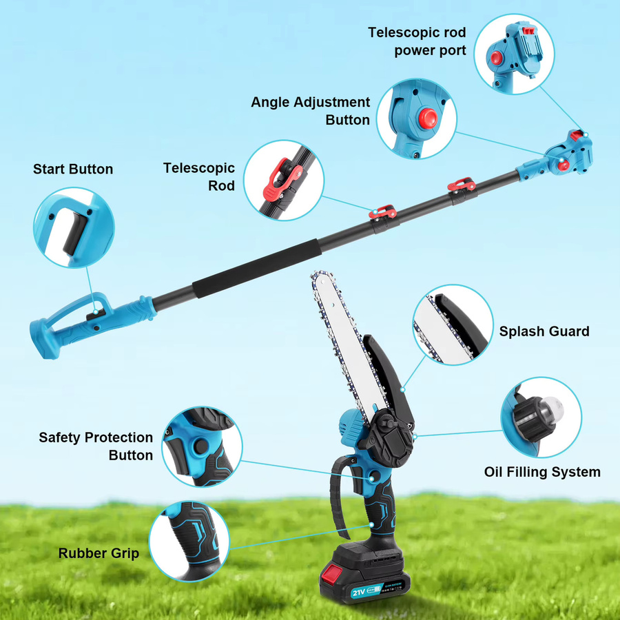 Bürstenlose Teleskop-Elektrokettensäge 8 Zoll für hohe Äste, blaues Gartenschneidewerkzeug kompatibel mit Makita 21V Akku - Bild 3