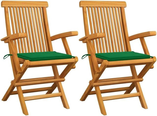 vidaXL Gartenstühle aus Teak Massivholz mit grünen Kissen, 2er Set, stapelbar - Bild 1