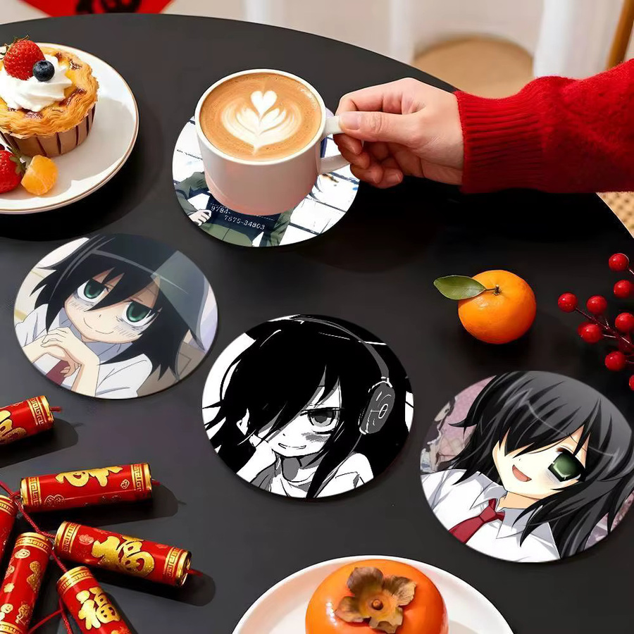 Runder Holz-Untersetzer mit Anime Watamote Tomoko Kuroki Motiv, Durchmesser: 10 cm, Mehrfarbig - Bild 3