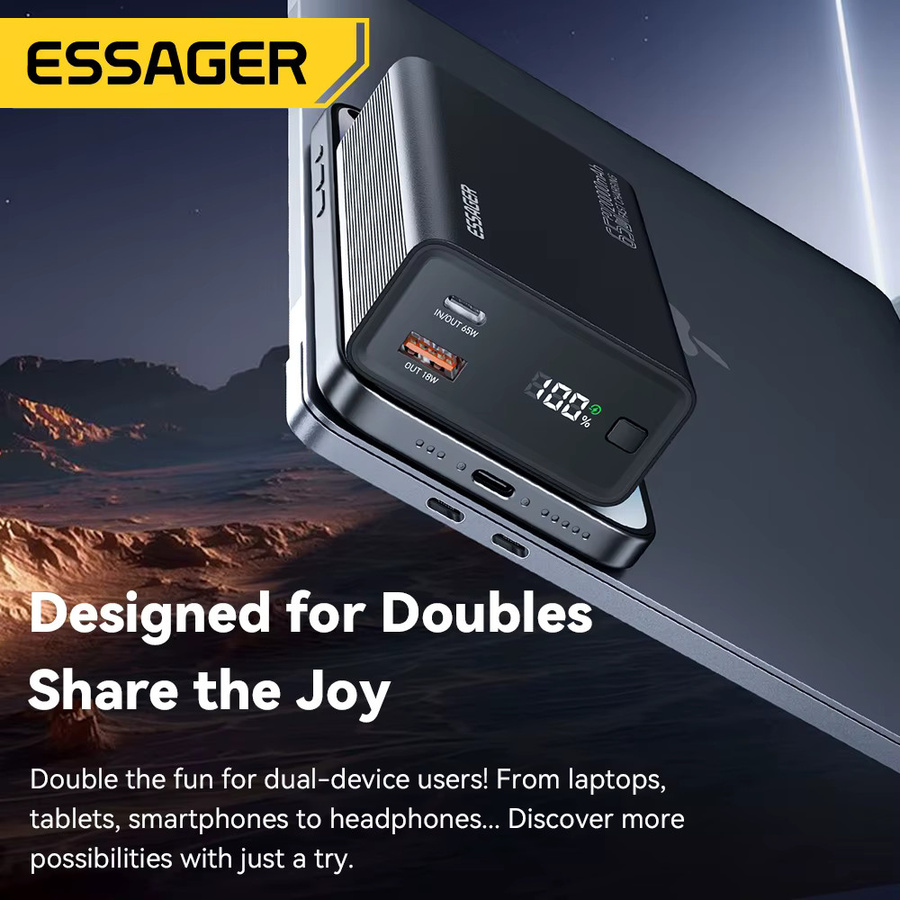 Essager Powerbank 20000mAh mit 65W PD Schnellladung in Schwarz für iPhone, Laptop und Mac - Bild 2