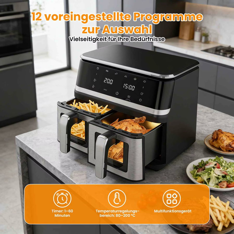 Aiorber Heißluftfritteuse 8L mit Sichtfenster und Digital-Touch-Display, 1400W XXL Air Fryer in Schwarz - Bild 6