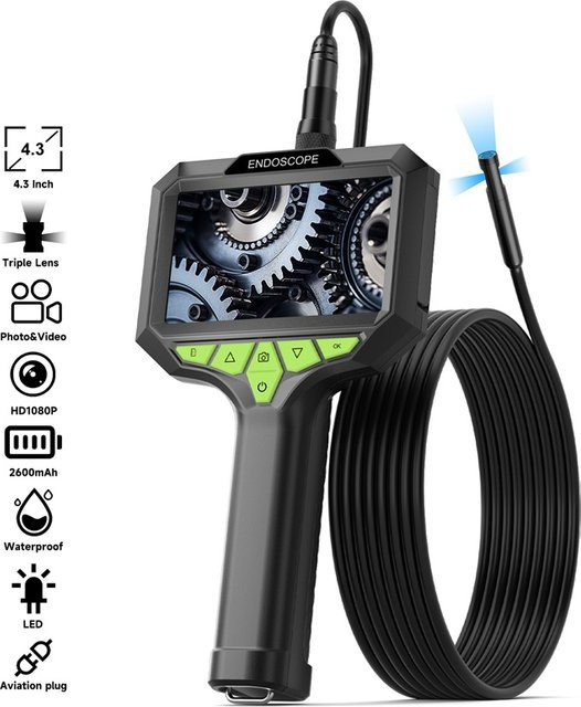 ENWOR Action Camera mit 4,3 Zoll IPS-Bildschirm, wasserdichte Videokamera für Kfz-Inspektionen mit Autofokus-Objektiv und LEDs, Schwarz - Bild 1