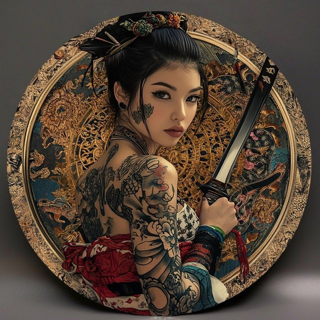 HELLOYOUNG Japanische Samurai-Metallwandkunst mit Blumenpanzer-Design, Rund, Mehrfarbig, B/H: 20,3 x 20,3 cm - Bild 1