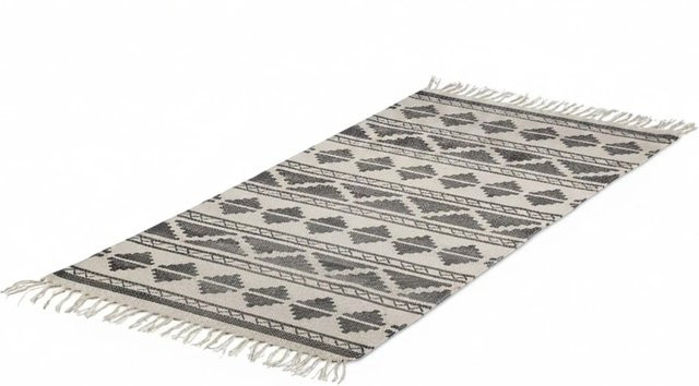 Relaxdays Teppichläufer aus Baumwolle in Schwarz mit geometrischem Muster und Fransen, rutschhemmend, B: 70 cm, L: 140 cm - Bild 1