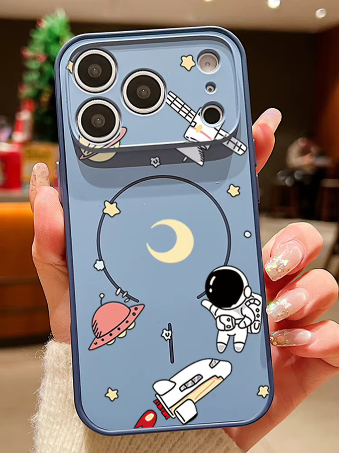 YISHANGOU Magnetische Handyhülle mit Cartoon-Astronauten-Druck für iPhone 17 Pro, 16, 15, 14, 13 Pro Max, MagSafe kompatibel, Farbe: Schwarz - Bild 4