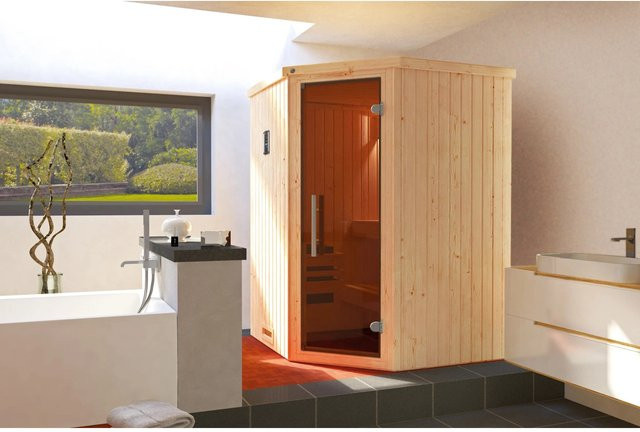 WEKA Ecksauna Kiruna 1 in Braun mit Ofen und Glastür B/H/T: 144 x 199 x 144 cm - Bild 1