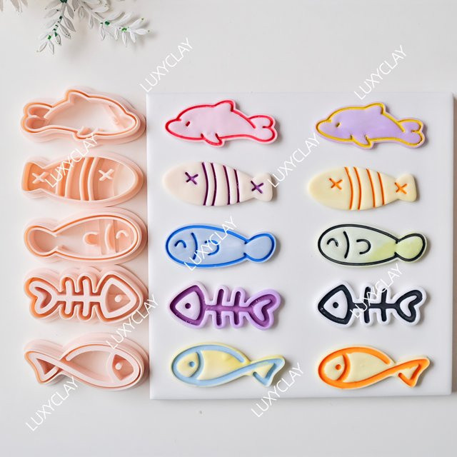5er-Set Fisch-Prägeformen aus Kunststoff für Polymer-Ton zur Herstellung von Ohrringen, DIY-Fischgräten-Formen für Anhänger und Halsketten, Mehrfarbig - Bild 1