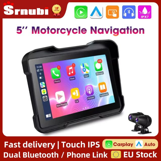 Srnubi 5 Zoll Motorrad Dash Cam mit Wireless CarPlay und Android Auto, Dual HD 1080P Navigation GPS und Bluetooth, Schwarz - Bild 1