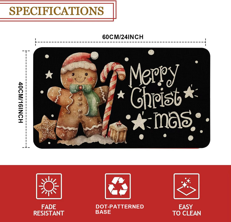 VIKAMA Weihnachts-Lebkuchenmann Teppich als Fußmatte für Küche und Schlafzimmer, Mehrfarbig, B/T: 60 x 40 cm - Bild 2