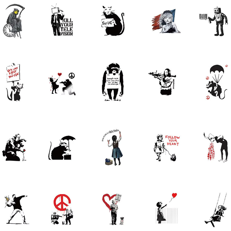 67 Stück Banksy Skulpturen Blumenwerfer Aufkleber im Street Art Graffiti Design, Multicolor, für Laptop, Skateboard und Handy - Bild 4