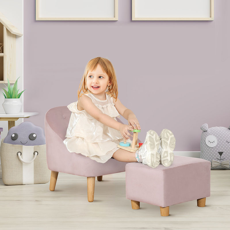 HOMCOM Kindersessel mit Fußhocker in Rosa, gemütliches Kinder-Sofa mit Samtoptik und Eukalyptusholz, B/T/H: 51 x 51 x 50 cm - Bild 2