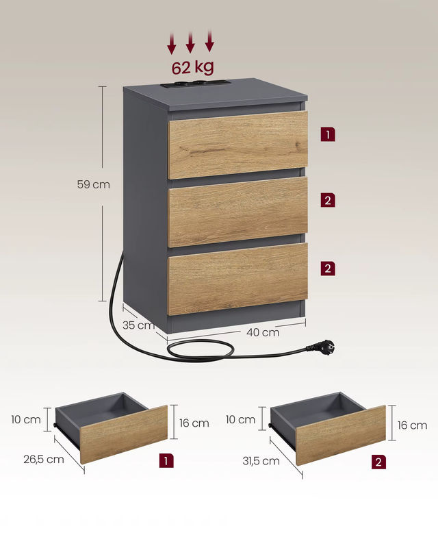VASAGLE 2er Set Nachttische in Grau mit 3 Schubladen und integrierter Steckdosenleiste inklusive 2 AC-Steckdosen und 2 USB-A-Anschlüssen - Bild 3