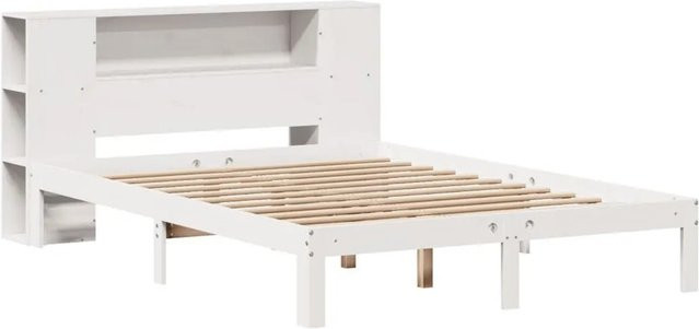vidaXL Massivholzbett aus Kiefer mit Regal in Weiß, rustikaler Stil, B/T/H: 140 x 190 cm - Bild 1