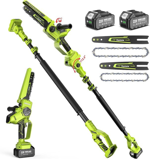Supstable 2-in-1 Elektrische Stangensäge mit 8 Zoll und 6 Zoll Kettensäge, Kabellose Teleskopstange 4,57 m, Grün, inklusive 2 Akkus mit 4,0 Ah - Bild 1