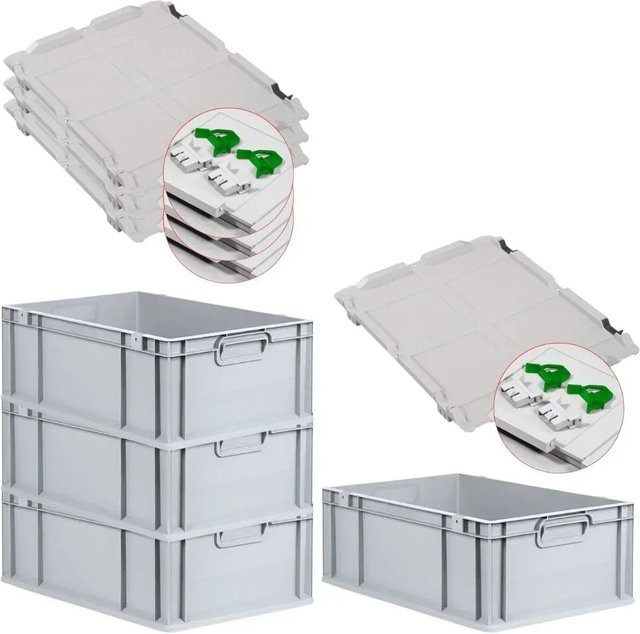 PROREGAL SuperSparSet 4x Eurobox NextGen Grip mit Scharnierdeckel und grünen Schiebeschnappverschlüssen, Grau, H x B x T: 22 x 40 x 60 cm, verstärkte Wände - Bild 1