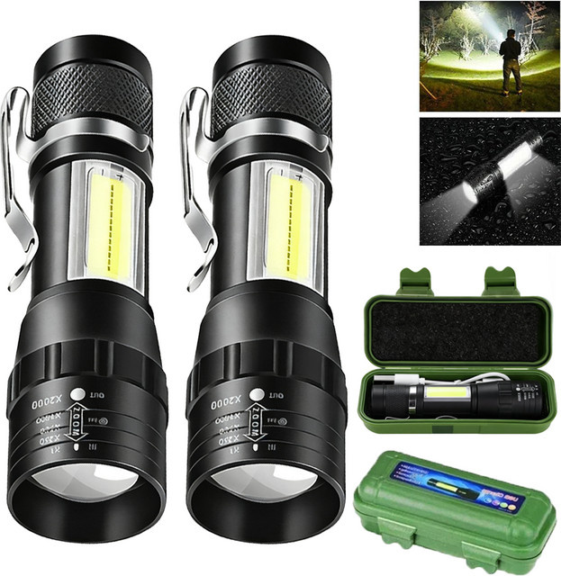 LONGRIVER Mini COB LED Taschenlampe in Schwarz, USB aufladbare taktische Zoom Taschenlampe mit Clip für Outdoor und Camping - Bild 1