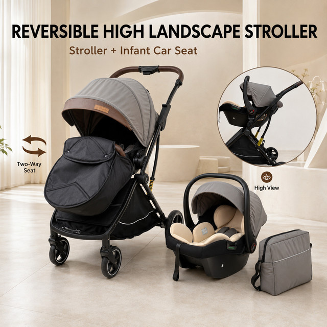 2-in-1 Kinderwagen mit Autositz und Stoßdämpfung in Grau von Warm house - Bild 1