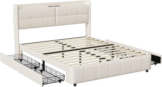PXloue Doppelbett in Weiß mit Schubladen, LED-Beleuchtung und USB-Ladestation, B/T/H: 160 x 200 x 106 cm (Maße variieren je nach Konfiguration) - Bild 1