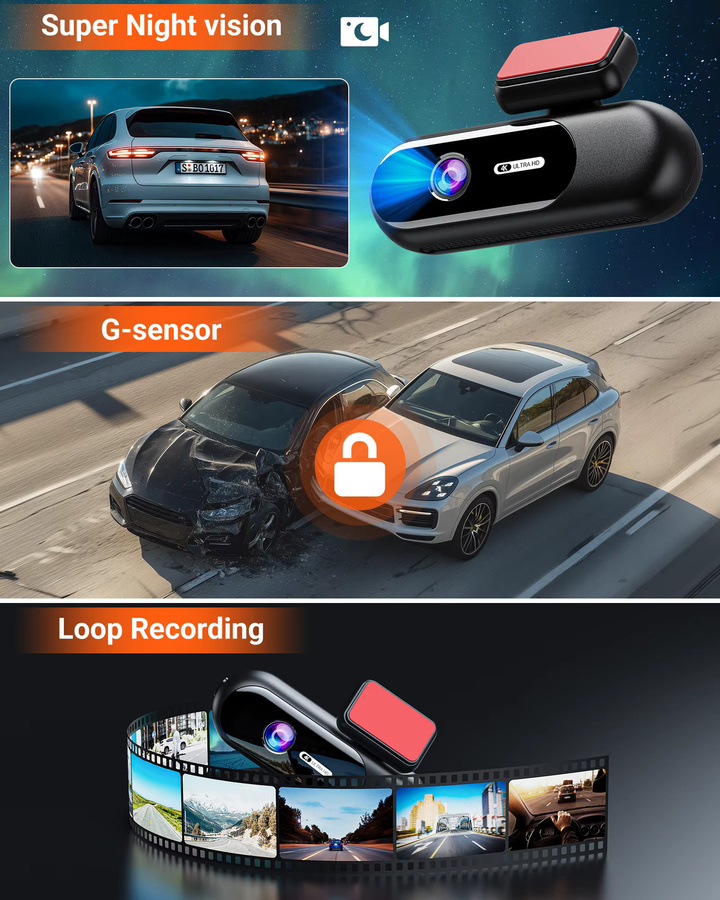 Etymoofox 4K UHD Dashcam mit WLAN und Nachtsicht, Dual-Kamera-System für vorne und hinten, 24H Parkplatzüberwachung, Blackbox in Schwarz - Bild 5