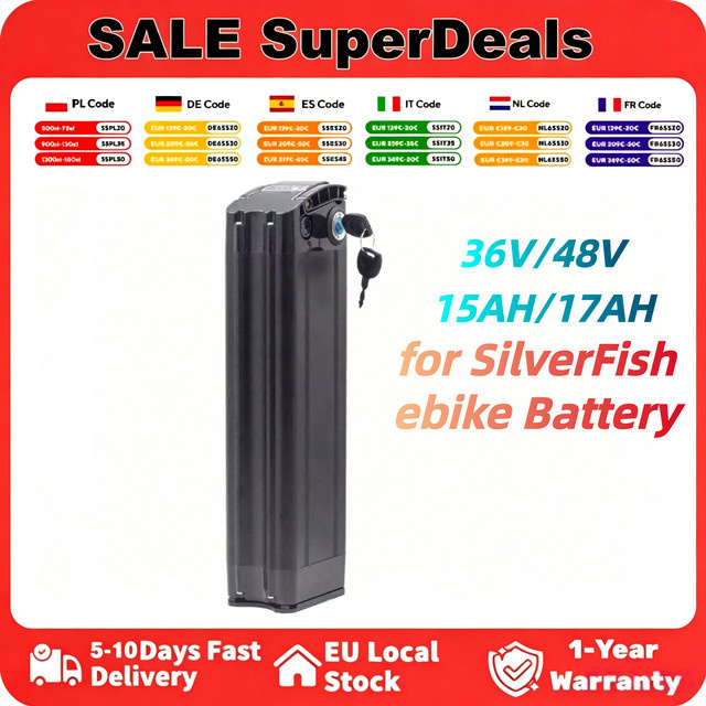 Aleaivy Silverfish E-Bike Akku 36V/48V mit 15Ah, Schwarz, mit integriertem BMS für Pedelec und Nabenmotoren - Bild 1