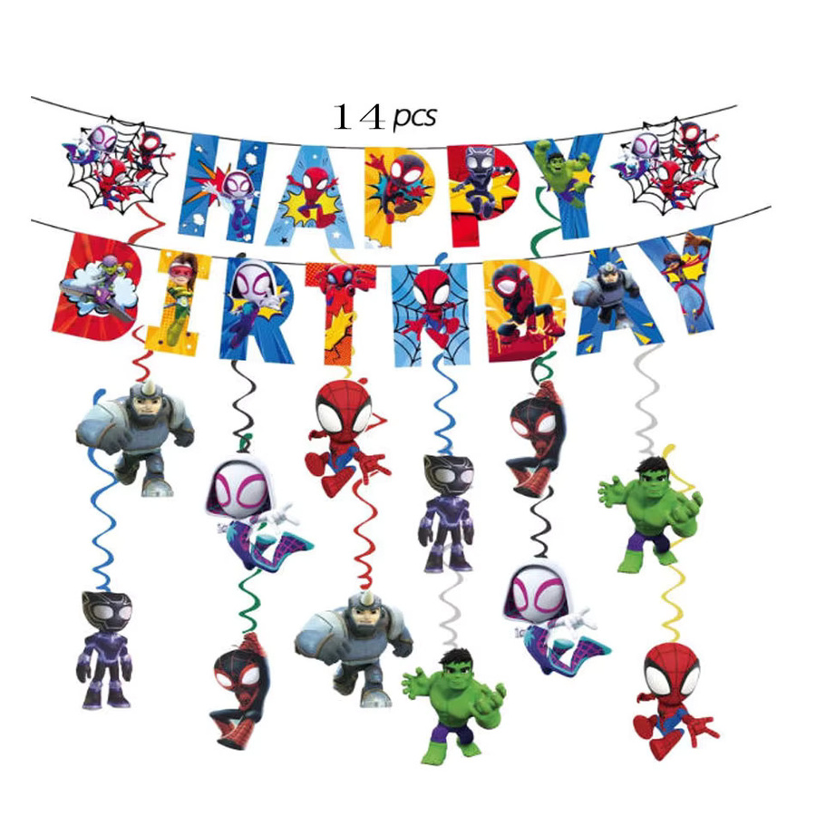 Hot Toys Spider-Man und seine fantastischen Freunde Partyzubehör Set aus Papier, 7/14-teilig, buntes Geburtstagsbanner und Hängedekorationen - Bild 1