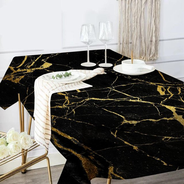 Potdemiel Tischdecke Rechteckig in Schwarz Gold Marmor Design, Wasserdichtes Wachstuch, B/L: 150 x 200 cm - Bild 1