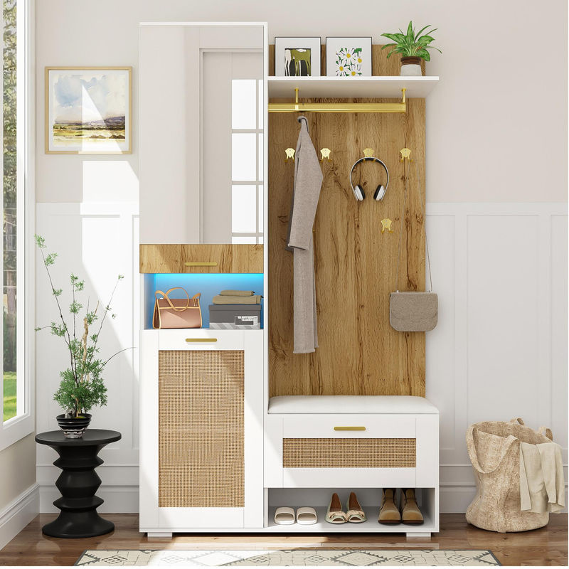 GL Store Garderoben-Set mit Spiegel, Sitzbank und LED-Beleuchtung in Weiß und Beige mit Rattan-Optik und 6 goldenen Kleiderhaken, B/T/H: 110 x 38 x 190 cm - Bild 2