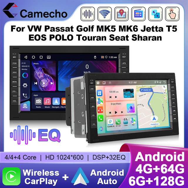 Camecho 7 Zoll Android Auto und CarPlay Multimedia Player für VW Bora Passat Polo Jetta mit 6 GB RAM und 128 GB Speicher, Schwarz, inklusive GPS und WiFi - Bild 1