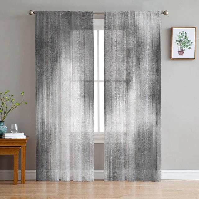 A Family Of Home Textiles Transparenter Tüllvorhang mit abstraktem modernem Linienmuster in Schwarz und Weiß, Breite: 135 cm, Höhe: 137 cm - Bild 1