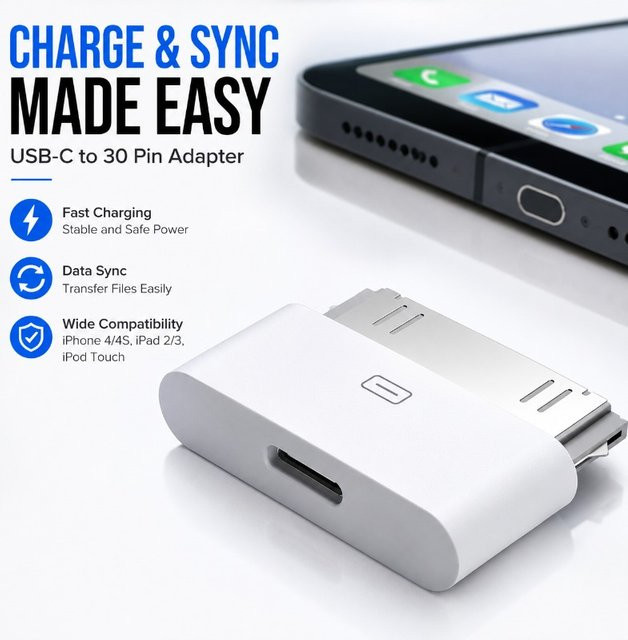 USB-C-Adapter für Huawei und iPhone 15 zur Konvertierung auf 30-Pin Ladeanschluss für ältere Modelle wie iPhone 4, 4S und iPad 2, 3 in Weiß - Bild 1