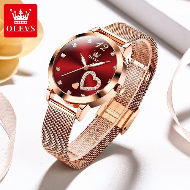 OLEVS Armbanduhr Quarz, Edelstahl, Roségold, Zirkonia, rot, Damen - Bild 1