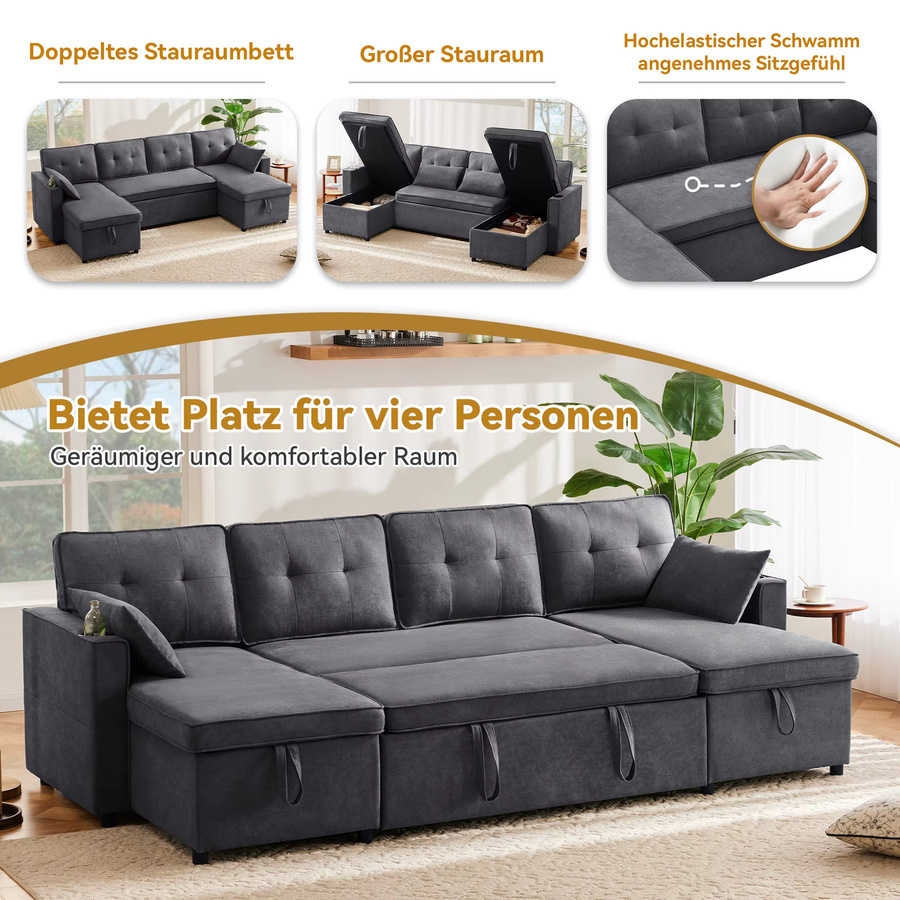 Okwish U-förmiges Polstersofa aus Baumwoll- und Leinenstoff mit Schlaffunktion, Getränkehalter und Stauräumen in Beige oder Grau - Bild 3