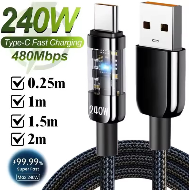 240W USB Typ-C Ladekabel mit Nylonummantelung und LED-Beleuchtung in Schwarz für Samsung, Xiaomi und OnePlus - Bild 1