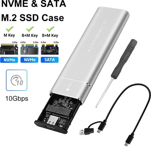 Kebidu M2 SSD-Gehäuse Dual-Protokoll NVMe SATA Adapter 10Gbps USB 3.1 Typ C in Silber - Bild 1