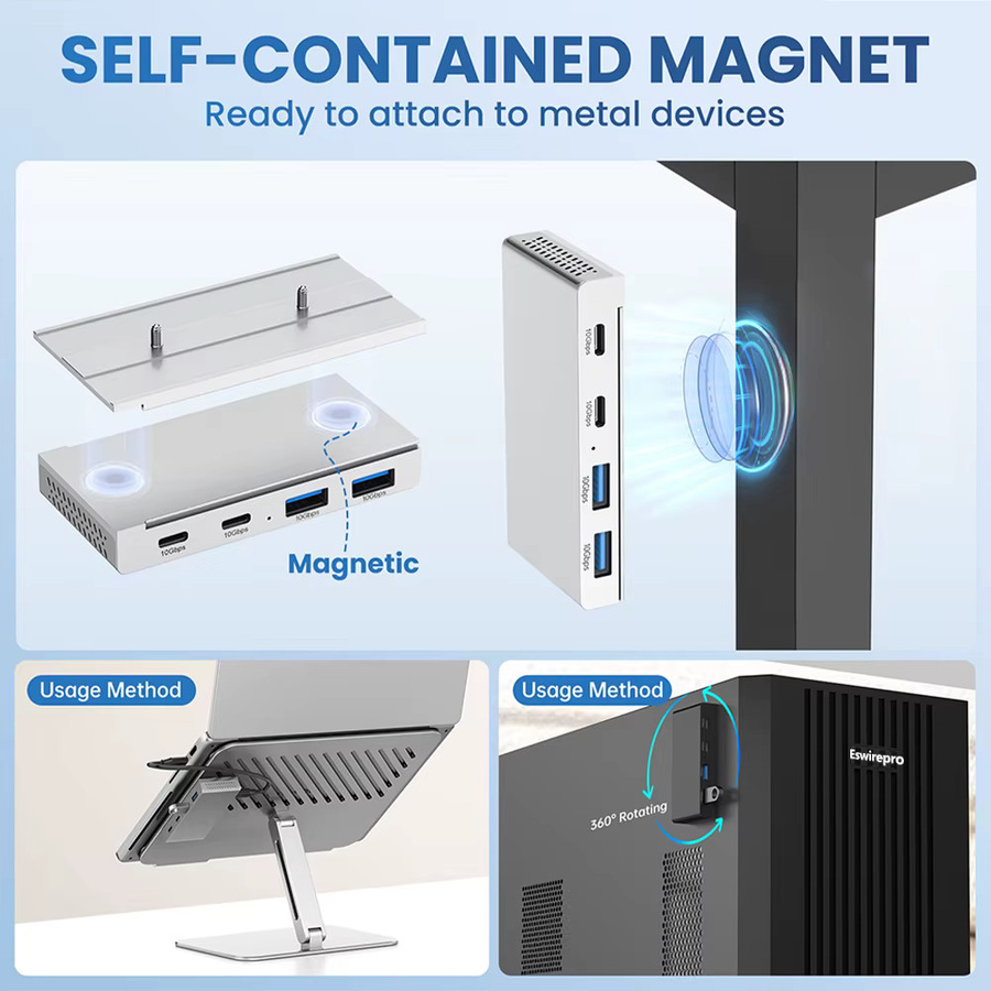 EJAY Magnetischer USB-Hub Schreibtisch mit USB-C und USB-A Anschlüssen, USB 3.1 Splitter-Adapter für Hochgeschwindigkeits-Datenübertragung, Schwarz - Bild 3