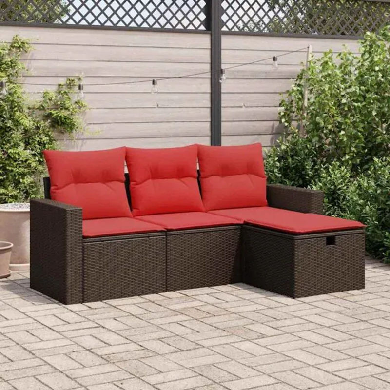 4-teilige Garten-Sofagarnitur in L-Form von vidaxl aus braunem Poly-Rattan mit Kissen und Fußhocker - Bild 1