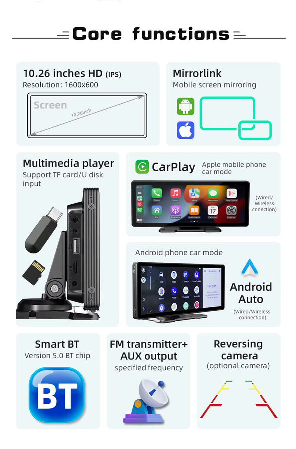 BQCC Tragbarer 10,26 Zoll Auto MP5 Player mit Wireless CarPlay, Android Auto und Mirrorlink, Rückspiegel mit Bluetooth, USB und DVR in Schwarz - Bild 6