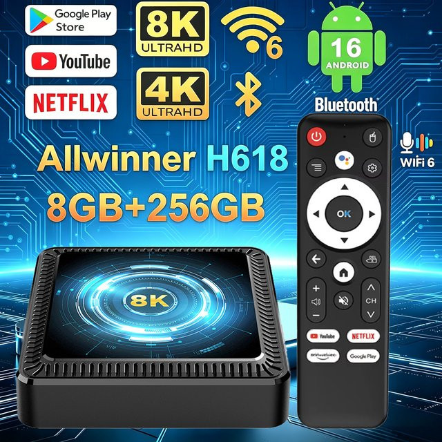 UOSU Smart TV Box Q19 mit Android 16, Allwinner H618 Quad-Core Prozessor, 8GB RAM + 256GB Speicher, Dual Wifi6, 4K UHD & 8K Video Unterstützung, Google Sprachassistent, Schwarz - Bild 1