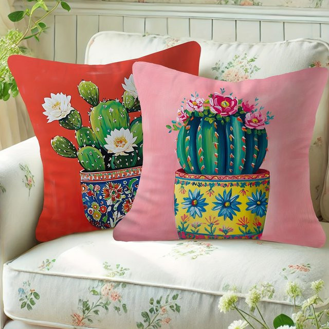 VIKAMA Kissenbezüge im tropischen Bohemian-Stil mit floralem Kaktusblüten-Design, mehrfarbig (Rot, Grün, Gelb), quadratisch, B/T/H: 30 x 30 x 30 cm - Bild 1