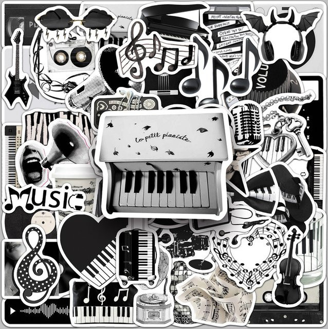 50 Stück wasserfeste Musik-Aufkleber im INS-Stil in Schwarz und Weiß von LanLanStickersWorld Store für Handyhüllen und Tagebücher - Bild 1